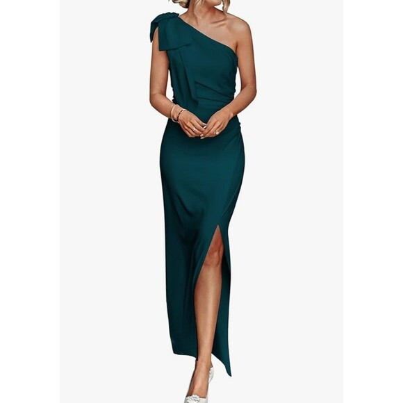 One Shoulder Long Formal Dresses Teal Bodycon Wedding/Formal Slit Maxi Dress - Picture 1 of 7